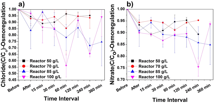 Reductions in (a) Cl− ions and (b) NO3– ions during the 6-h osmoregulation experiment performed on immobilized P. keutzingianum at salinities of 50, 70, 85, and 100 g/L. “Before” means before inoculation with cyanobacteria. “After” means after inoculation with cyanobacteria.