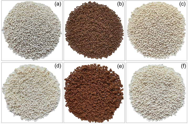 Physical characteristics of (a) chicken eggshell beads (CB), (b) chicken eggshell beads mixed iron (III) oxide-hydroxide (CBF), (c) chicken eggshell beads mixed zinc oxide (CBZ), (d) duck eggshell beads (DB), (e) duck eggshell beads mixed iron (III) oxide-hydroxide (DBF), and (f) duck eggshell beads mixed zinc oxide (DBZ).