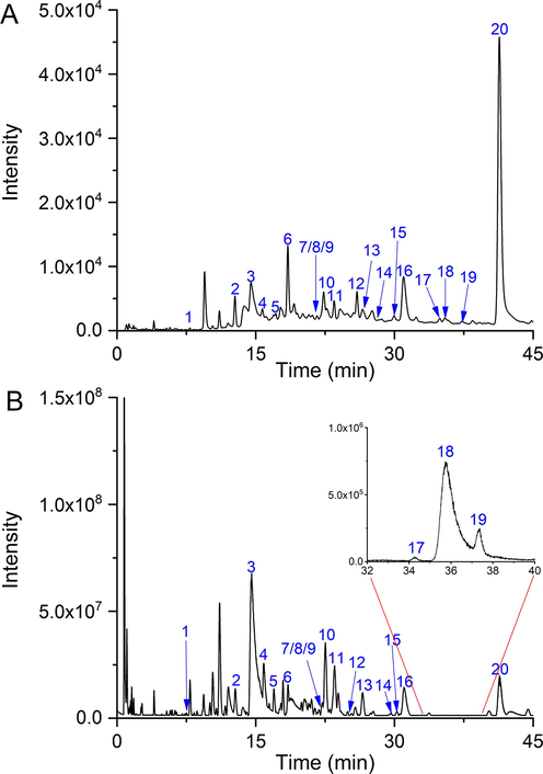 The LC chromatogram (A) and LC-MS base peak ion chromatogram (B) of TT15.