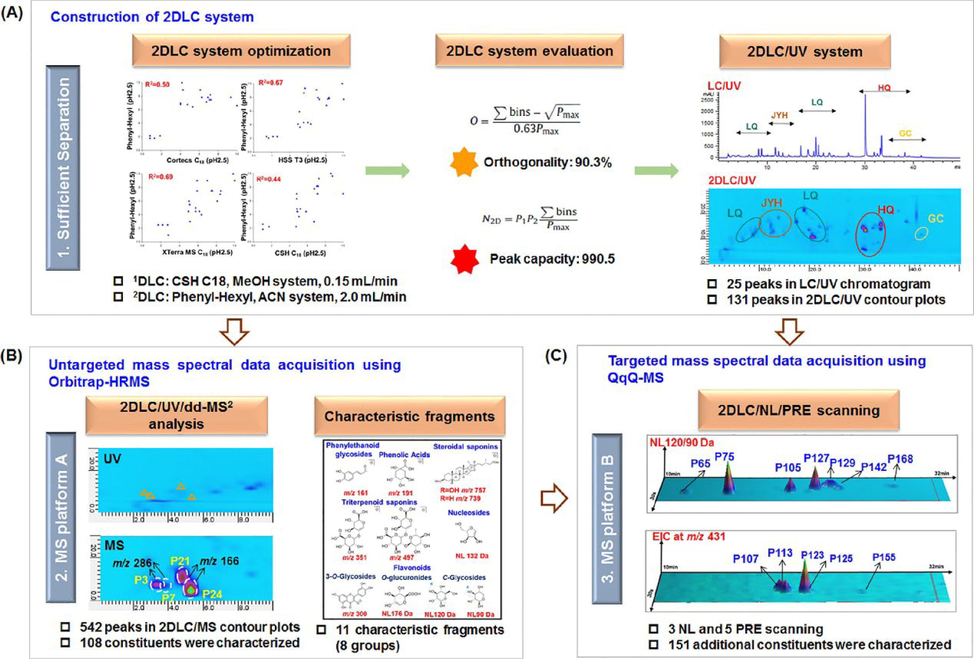 Workflow of the 2DLC/dual-MS strategy (Shang et al., 2021). (A) Construction of the 2DLC/UV system; (B) untargeted mass spectral data acquisition using Orbitrap-HRMS; (C) targeted mass spectral data acquisition using QqQ-MS. Reprinted with permission from Ref. Shang et al., 2021. Copyright © 2021 Elsevier.