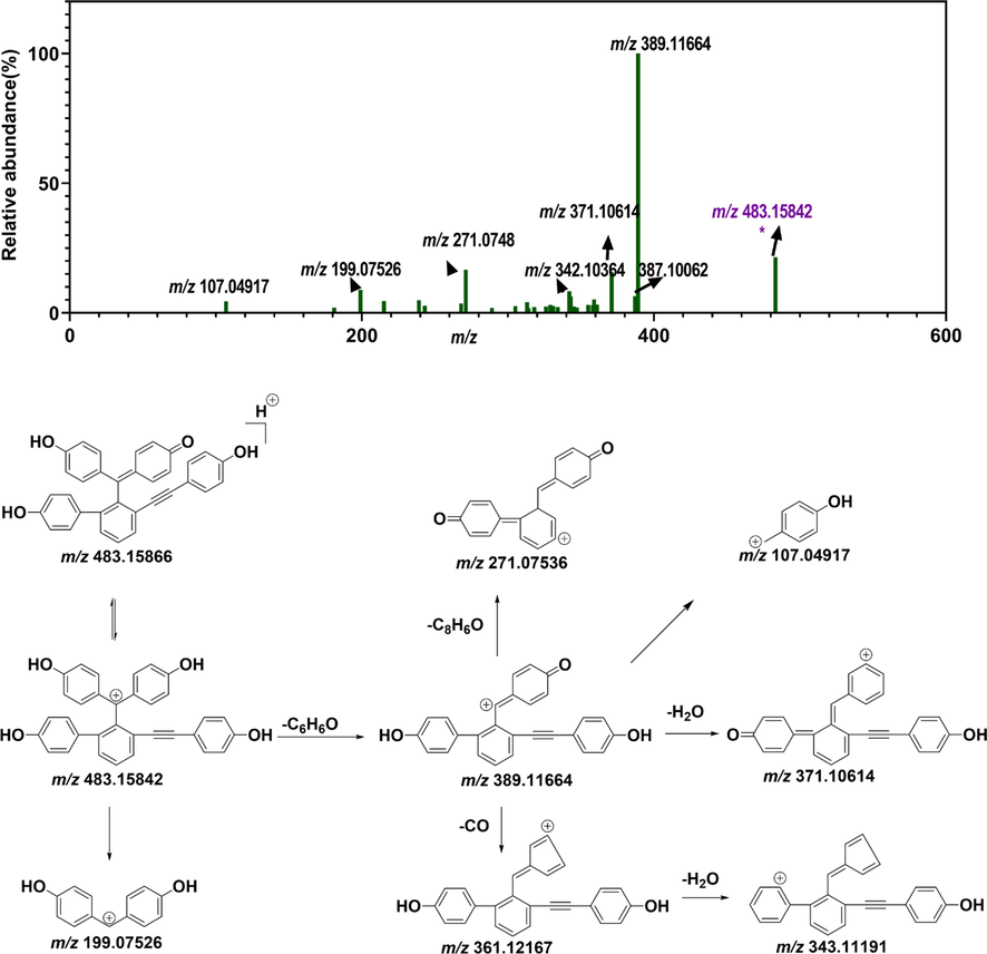 Putative fragmentation pattern of the top-1 distinguishing marker (DM1) (selaginellin). (A) MS/MS spectrum of differential metabolite 1. (B) Possible fragmentation pattern of selaginellin.