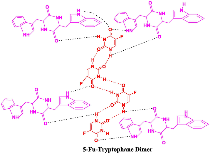 Proposed interactions in 5-FU-T.D (5-Fu-Tryptophane Dimer) co-crystals.