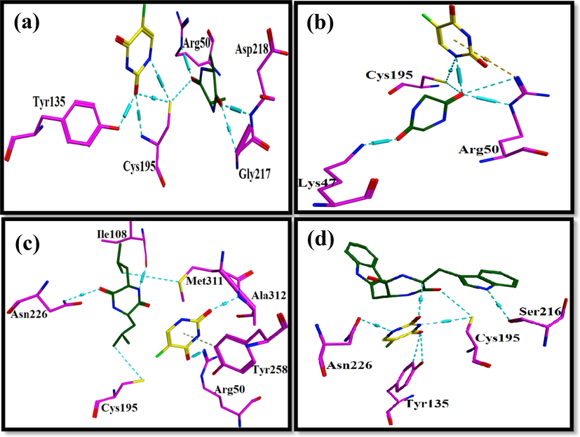 Amino acids derivatives are represented in green, 5-Fluorouracil in yellow inside the binding pocket of Thymidylate synthase where cyan dotted lines represent the H-bonds. (a) Represents the interaction of alanine with 5-Fluorouracil with 1HVY, (b) shows the interaction profile of Glycine and 5-Fluorouracil with 1HVY, (c) shows the interaction of Leucine and 5-Fluorouracil 1HVY (d) represents the interaction profiles of the Tryptophan and 5-Fluorouracil with 1HVY structure of the Thymidylate synthase.