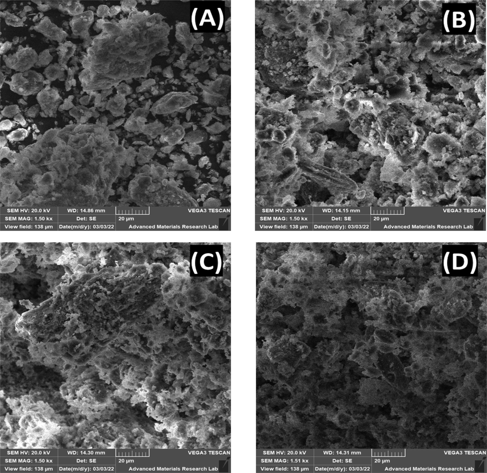 SEM micrographs of (A) RC, (B) CS@250 °C, (C) CS@1000 °C, (D) CS@1100 °C.