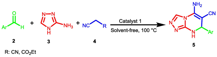 Synthesis of triazolo [4,3-a]-pyrimidines derivatives 5 in the presence of nanocatalyst 1.