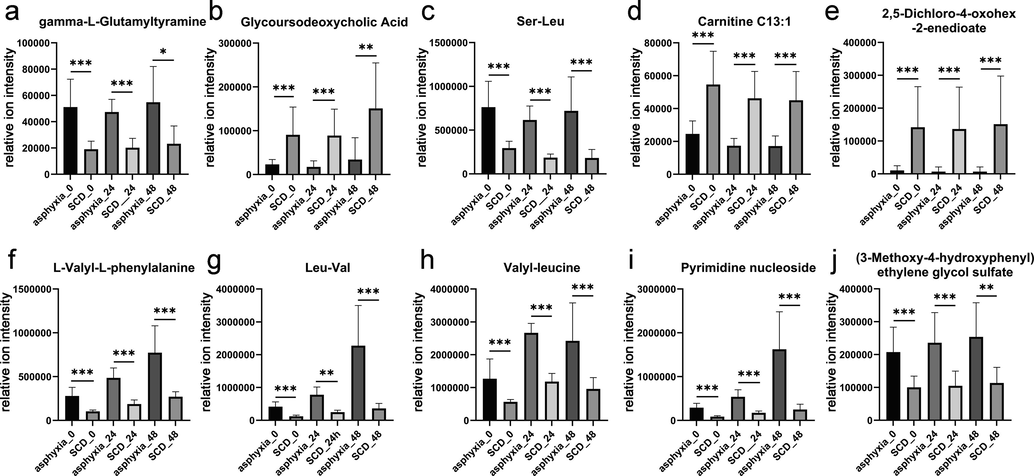 The change in the relative contents of the 10 metabolites that remained significantly different in fresh, 24 h-decomposed, and 48 h-decomposed lung tissues. *: statistically significant differences were observed (***P < 0.001; **P < 0.01; and *P < 0.05).