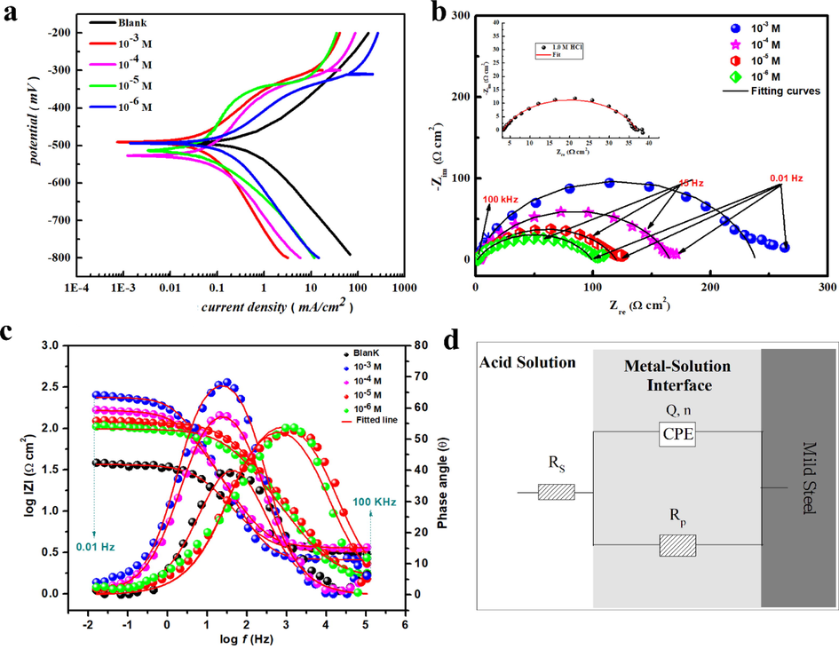 (a) PDP curves, (b) Nyquist plots, (c) Bode impedance modulus and phase angle plots for MS in inhibited and uninhibited 1 M HCl solution to evaluate the overall corrosion behavior, and (d) equivalent circuit models used to fit the experimental impedance data.