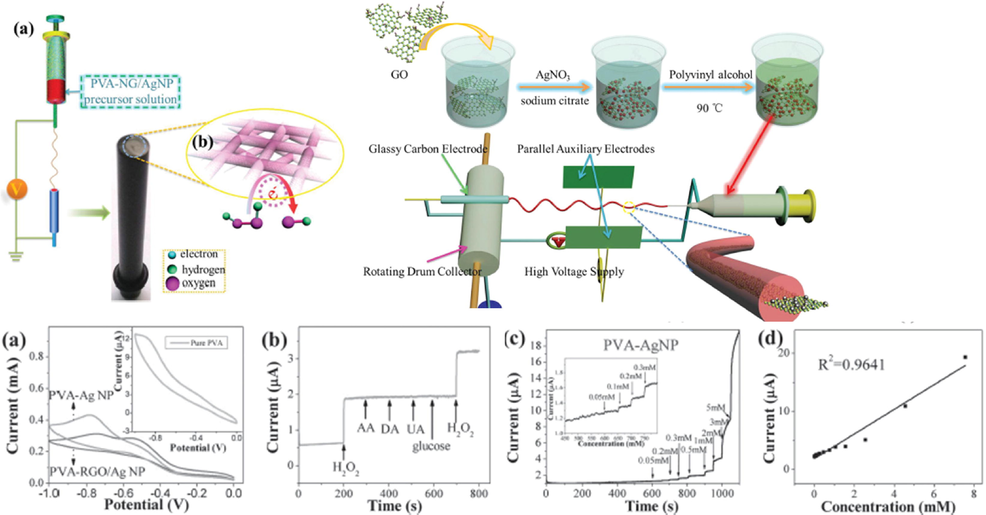 (a) Schematic presentation for the fabrication mechanism of NG/AgNP hybrid membrane and MME. (b) Schematic fabrication of MMEs; b) the possible detection mechanism of H2O2. (c) Electrochemical H2O2 biosensing: a) CVs of PVA, PVA-AgNP, PVA-NG, and PVA-NG/AgNP MMEs; b) selectivity of biosensor: amperometric responses upon successive addition of 1 × 10–3 M of H2O2, 0.10 × 10 −3 M of AA, 0.10 × 10 −3 M of DA, 0.10 × 10 −3 M of UA, 5.0 × 10 −3 M of glucose, and 1 × 10–3 M of H2O 2;(c,d) I–T response and calibrated line of PVA-AgNP MME in 0.1 M PBS with successive addition of H 2O 2 at − 0.47 V versus SCE(Yang li, 2016).