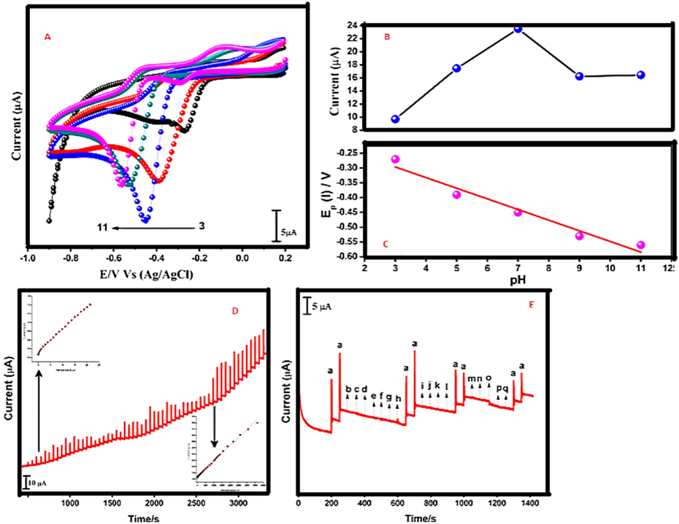 (A) CVs of 300 μM nitrobenzene at green synthesized Ag-NPs modified GCE in 0.05 M PBS pH ranges from 3 to 11 (Right to left side). (B) Calibration plot of nitrobenzene reduction peak current (Ipc) vs different pH (C) Reduction peak potential (Ep) vs pH, (D) Amperometric (i–t) response at green synthesized Ag-NPs modified RDE upon successive additions of 0.05–3693 μM nitrobenzene into continuously stirred N2 saturated PBS. Applied potential: −0.42 V; Rotation speed: 1200 rpm. Inset (upper) is the plot of response current vs [nitrobenzene]. Inset (bottom) the plot of response current vs [nitrobenzene]. (E) Amperometric (i-t) response at green synthesized Ag-NPs modified RDE for addition of nitrobenzene (a) in the presence of 500 folds excess concentration of (b) Co2+ (c) Ni2+ (d) Na+ (e) Ba2+ (f) Ca2+ (g) Pb2+ (h) Cd2+ (i) Cl- (j) S- (k) Br- (I) I-and nitro aromatic compounds derivatives (m) 4-aminophenol (n) 4-acetamidophenol (o) 2- nitro aniline (p) 4- nitro aniline and (q) 4-nitrophenol in 100 fold excess, respectively (sivakumar, 2020).