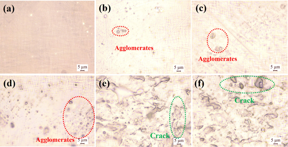 (a) Microstructure of PVC films plasticized with DPE (b) Microstructure of PVC films plasticized with DDPE (c) Microstructure of PVC films plasticized with DTDPE (d) Microstructure of PVC films plasticized with DTPE (e) Microstructure of PVC 40 wt% DPE-SNa films (f) Microstructure of PVC 80 wt% DPE-SNa films.