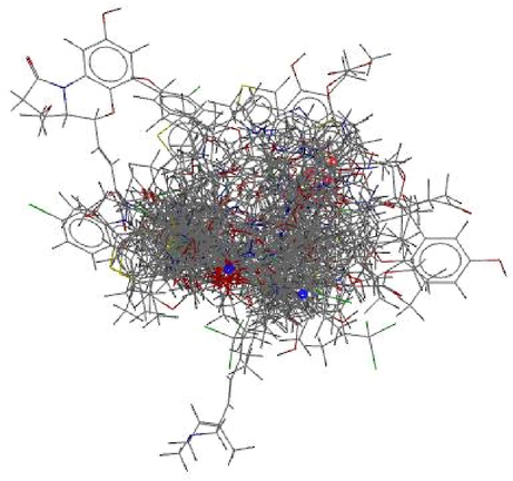 Virtual screening results show 50 hit compounds aligned to the pharmacophore model.