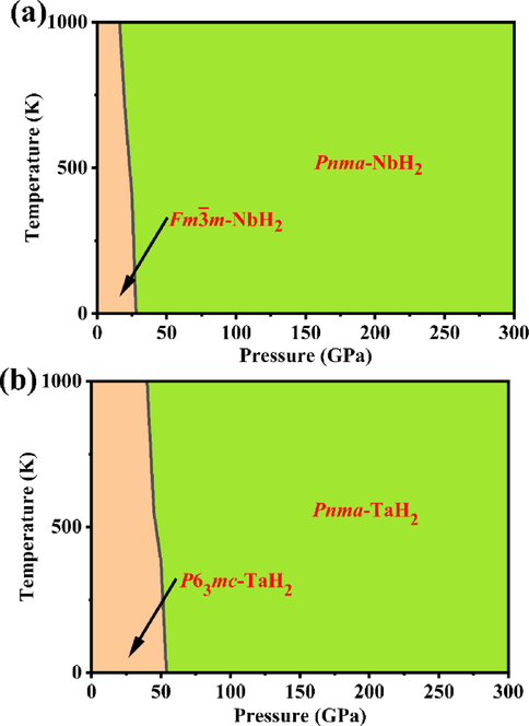 Calculated temperature–pressure phase diagram of (a) NbH2 and (b) TaH2 based on quasi-harmonic approximation.