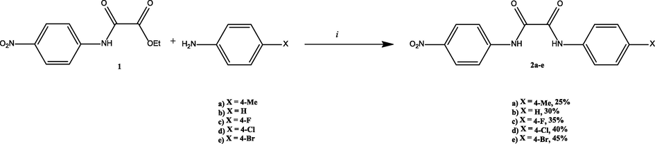 Synthesis of N-(4-R-phenyl)-N'-(4-nitrophenyl)oxamide (2). (i) 1 (1 equiv), 4-substituted aniline (1 equiv), nitrobenzene, 190 °C, 7 h. Yields are based on 1.