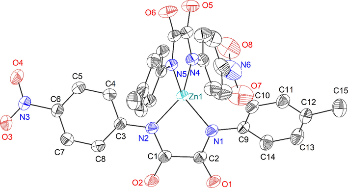 ORTEP diagram (50 % probability level) of the molecular structure of 3a with selected atom-numbering scheme. Hydrogen atoms and two [nBu4N]+ counter ions, one molecule of water and CH3/NO2 occupancy disorders of 0.74/0.26 and 0.87/0.13 are omitted for clarity.