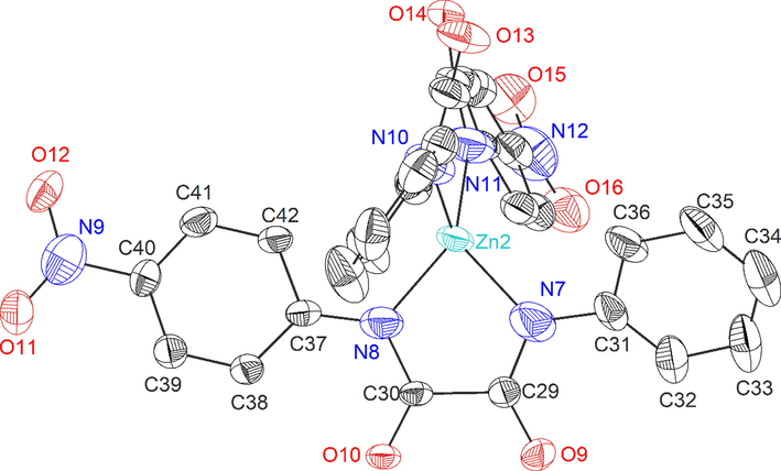 ORTEP diagram (30 % probability level) of the molecular structure of 3b with selected atom-numbering scheme. Hydrogen atoms, two [nBu4N]+ counter ions and a second molecule in the asymmetric unit are omitted for clarity.