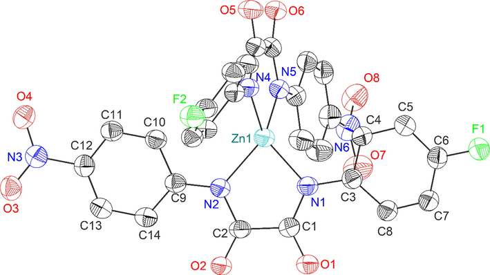 ORTEP diagram (20 % probability level) of the molecular structure of 3c with the atom-numbering scheme. Hydrogen atoms and two [nBu4N]+ counter ions are omitted for clarity.