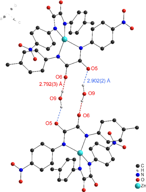 Hydrogen bond pattern in the packing of 3c (Ball-and-Stick representation). Bond properties (Å): O9···O5 2.902(2) (blue), O9···O6 2.792(3) (red), O9–H···O5 157(3), O9–H···O6 173(3), Symmetry operation –x, 1–y, 1–z.