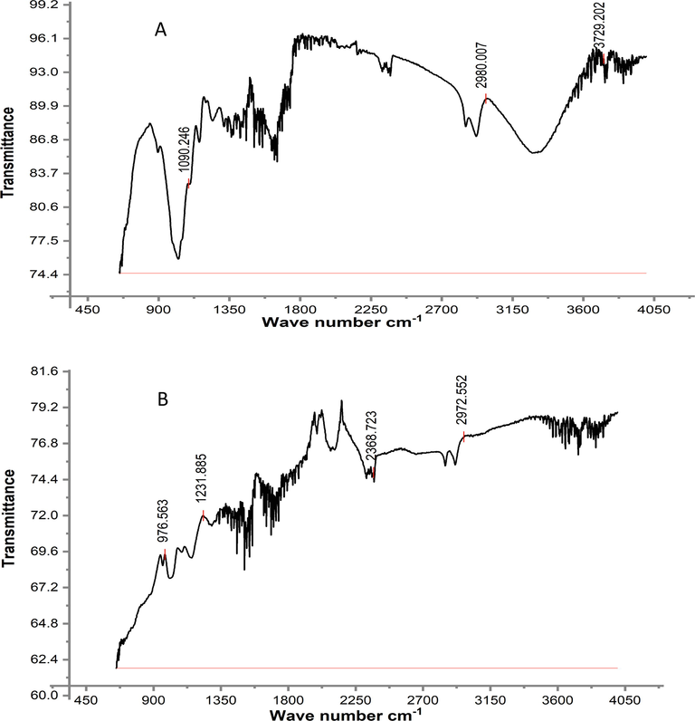 FTIR analysis of RH adsorbent, (A) before adsorption (B) after adsorption.