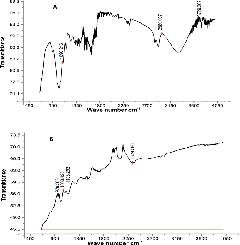 FTIR analysis of PPY-RH, (A) before adsorption (B) after adsorption.