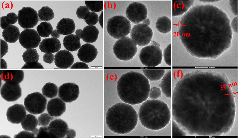 TEM images of (a) Fe3O4, (b, c) Fe3O4@SiO2, and (d, e, f) Fe3O4@SiO2-NH2-G5.