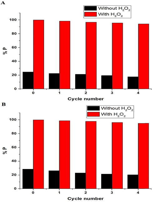 The effect of the regeneration and reusability on the photodegradation efficiency (% P) of methylene blue dye using the nanocomposites formed as a result of precipitation (A) and ignition (B).