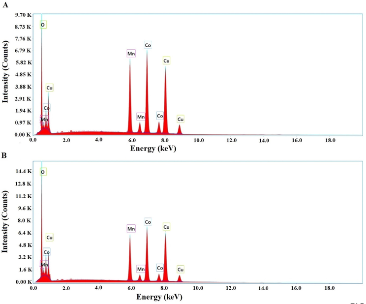 Energy dispersive X-ray analysis of the nanocomposites formed as a result of precipitation (A) and ignition (B).