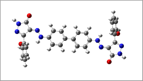 Mulliken population analysis with atomic charge ranges from -ve charged with red color and + ve charged with green color of the tested compound ABP.