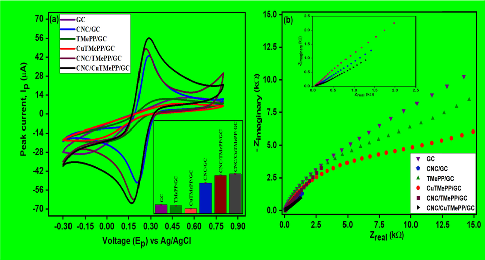 Cyclic voltammetry analysis (a) and Nyquist plots (b) of GC, CNC/GC, TMePP/GC, CuTMePP/GC, CNC/TMePP/GC and CNC/CuTMePP/GC performed in 5 mM potassium ferricyanide. Inset (a): Bar graph for the all the electrodes (n = 3).