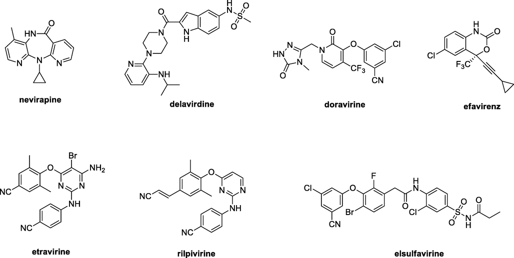 Chemical structures of nevirapine, delavirdine, doravirine, efavirenz, etravirine, rilpivirine, and elsulfavirine.