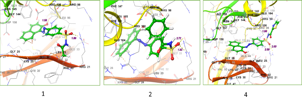 Structure of the system after MD production for 3FC2 protein along with ligands 1, 2 and 4.