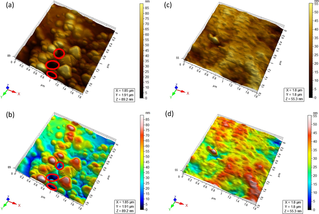 Images; (a) and (b) are AFM pictures (in 3D view) of original 0.2 µm PVDF membrane. Images (c) and (d) are 3D views of GLM (i.e. after filtration of SF over original 0.2 µm PVDF membrane).