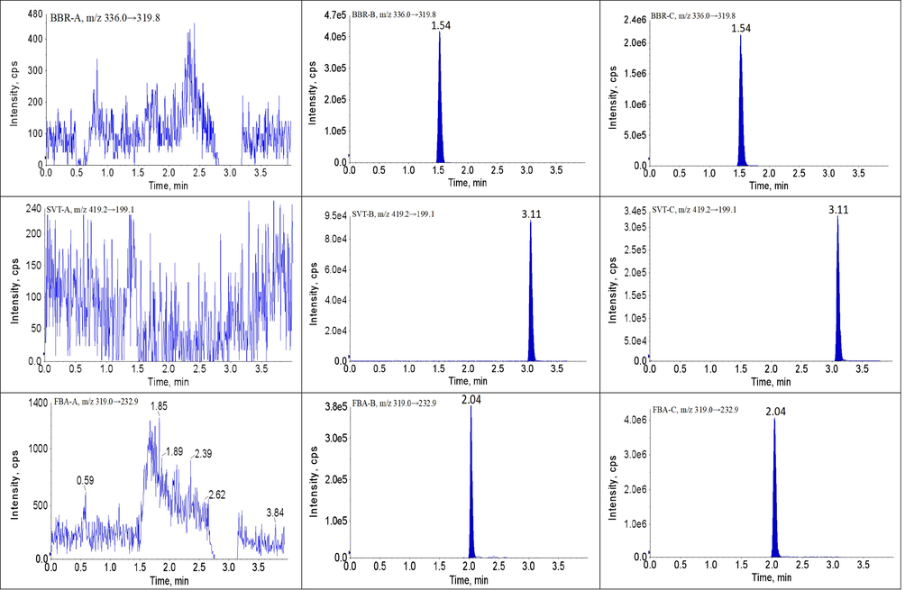 Representative UPLC-MS/MS chromatograms for BBR, SVT, FBA, GEM, MET, GMP, NAT, PIO and SIT in beagles plasma samples: (A) a blank plasma sample; (B) a blank plasma sample spiked with analytes and IS, and (P) a beagles plasma sample.