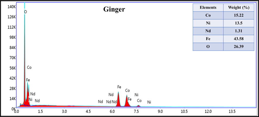 EDX spectrum of CoNiNd (NPs) with Ginger extract.