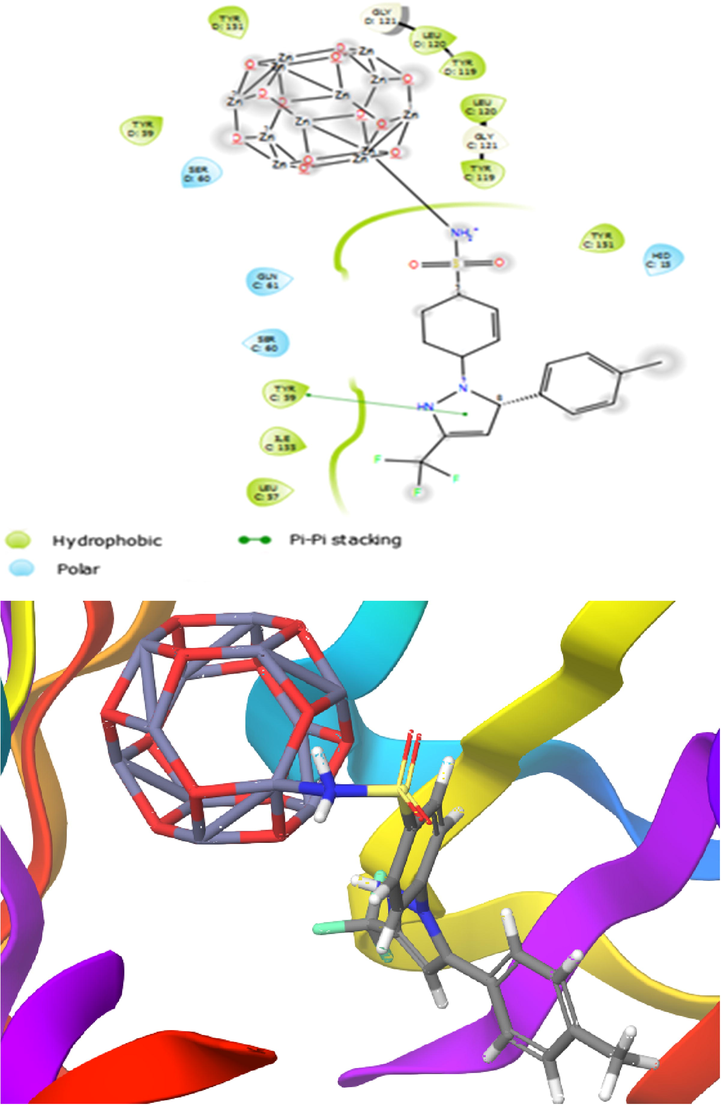 Presentation of 2D and 3D models of interactions between CXB-Zn12O12 complex (State I) and IL-1 receptor (PDB ID: 2LX5).