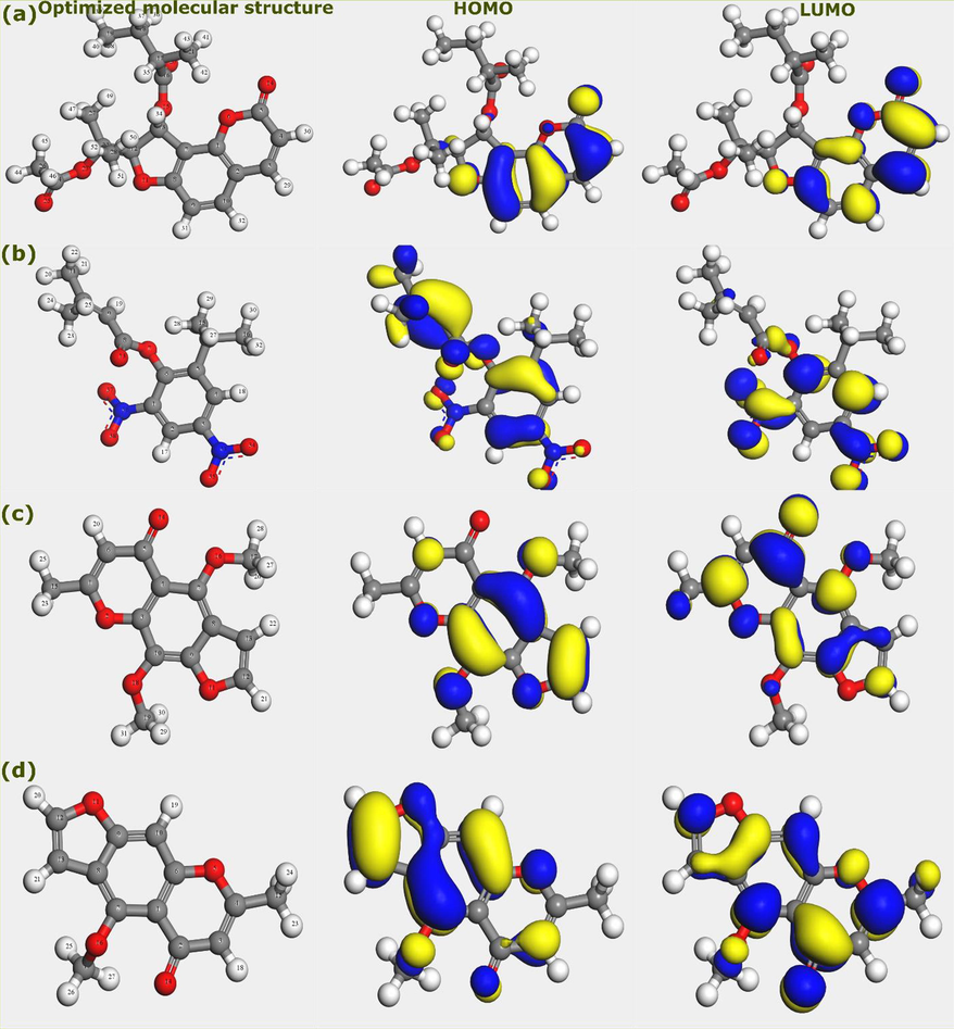 Optimized molecular structures, HOMO and LUMO iso-surfaces of AVU extract’s components; (a) Edulisin III, (b) Binapacryl, (c) Khellin, and (d) Visnagin.