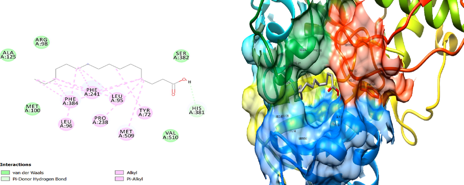 2D and 3D structure of pi-alkyl hydrophobic interaction between palmitic acid and 5EAD involving amino acid residue of PHE384, PHE241, LEU95, LEU96, TYR72, MET509. PRO238.