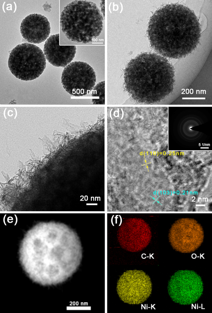 (a) TEM images of HNCMs, (b, c) TEM images of HNCMs@Ni(OH)2–6, (d) HRTEM image of hairy crystal (inset is the corresponding SAED pattern), (e, f) EDS mapping images of HNCMs@Ni(OH)2–6.