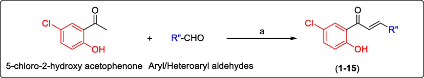 Synthesis of chalcones (1–15). Reagents and conditions: (a) ethanol, KOH, and room temperature; (1) 5-chloro-2-hydroxy acetophenone; R”—CHO aryl or heteroaryl aldehydes. R” = ring B; 1: 2″-fluorophenyl (Yield: 74%); 2: 3″-fluorophenyl (Yield: 84%); 3: 4″-fluorophenyl (Yield: 85%); 4: 2″-chlorophenyl (Yield: 75%); 5: 3″-chlorophenyl (Yield: 80%); 6: 4″-chlorophenyl (Yield: 82%); 7: 2″-methoxyphenyl (Yield: 80%); 8: 3″-methoxyphenyl (Yield: 75%); 9: 4″-methoxyphenyl (Yield: 70%); 10: 2″-hydroxyphenyl (Yield: 85%); 11: 3″-hydroxyphenyl (Yield: 80%); 12: 4″-hydroxyphenyl (Yield: 85%); 13: 4″-pyridinyl (Yield 95%); 14: 2″-thienyl (Yield: 95%); 15: 2″-furfuryl (Yield: 95%).