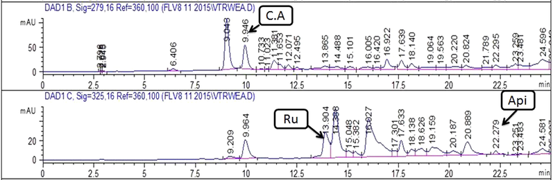 Chromatograms showing peaks of phenolics detected in MeOH-EtOAc extract of leaf . Note:- C.A: Caffeic acid; Api: Apigenin; Ru: Rutin.