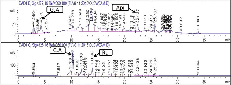 Chromatograms showing peaks of phenolics detected in MeOH-EtOAc extract of stem. Note:- C.A: Caffeic acid; Api: Apigenin; Ru: Rutin; G.A: Gallic acid.