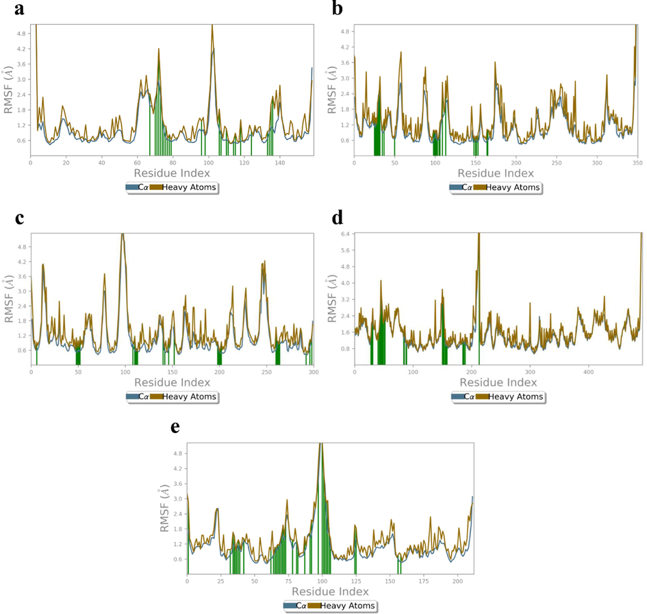 RMSF (Å) of the simulated positions of Cα and heavy atoms (a) H1/4XCT (b) H1/5F95, (c) H1/2AZ5, (d) H1/4C13 and (e) H1/4MOT complexes.