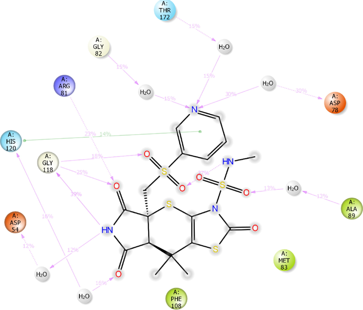 2D-interaction diagram of H1 with catalytic pocket residues of ParE protein (PDB ID: 4MOT) throughout the 100 ns simulation trajectory.