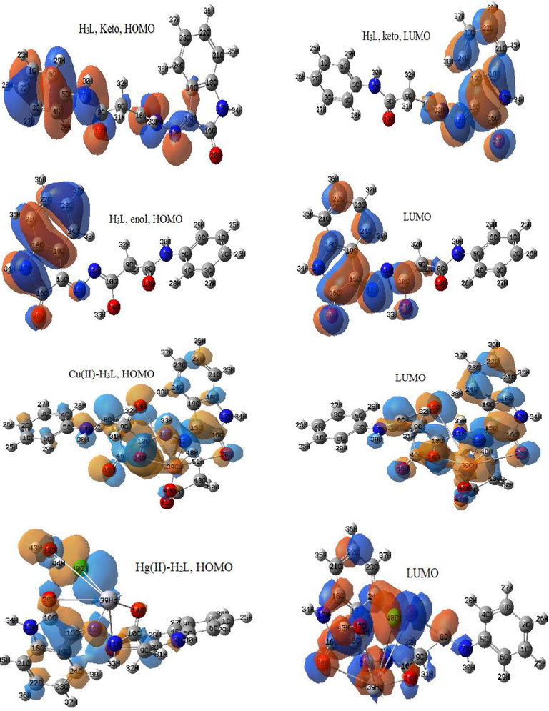 the patterns of HOMO and LUMO levels in the optimized structures.