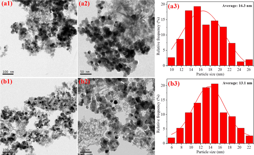 TEM images and the corresponding particle size distributions of (Pd + Rh)a (a1-a3) and (PdRh + Rh)a (b1-b3).