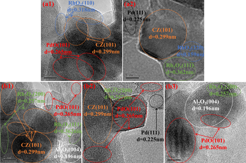 HRTEM images of (Pd + Rh)a (a1, a2) and (PdRh + Rh)a (b1, b2, b3).