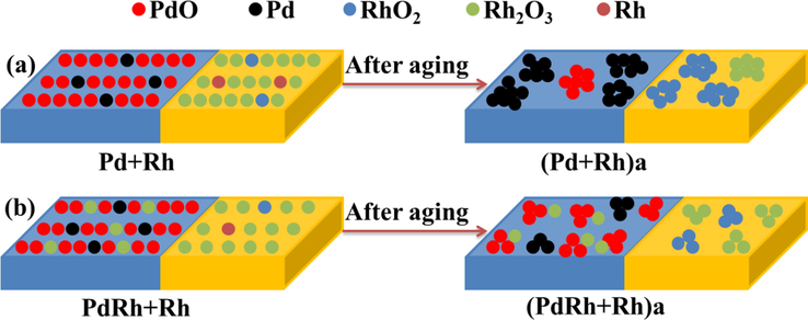 Schematic illustration describing the distribution of Pd and Rh species and their hydrothermal aging behaviors.