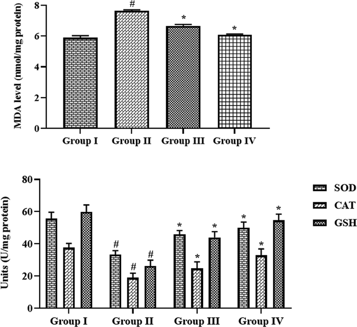 Effect of synthesized CSP-dP-NCs on the oxidative stress and antioxidant markers in the FCA-induced arthritic animals. Each bar depicts the mean ± SD of triplicate measurements. Significance was assessed by one-way ANOVA and Tukey’s post hoc assay; ‘#’ p < 0.05 when evaluated with control, ‘*’ p < 0.01 when evaluated with FCA-challenged arthritic group. Note: Group I: Normal control rats, Group II: FCA-challenged arthritic rats, Group III: FCA-challenged arthritic rats treated with 10 mg/kg of CSP-dP-NCs, Group IV: FCA-challenged arthritic rats treated with 25 mg/kg of CSP-dP-NCs.