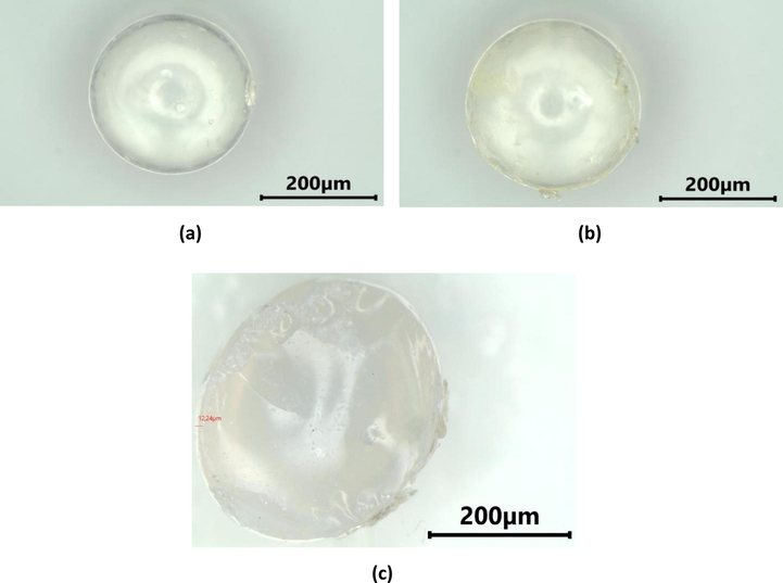 Microscope images of cross-section of (a) SiG with 13 × magnification, (b) chi-SiG with 13× magnification, and (c) chi-SiG with 20 × magnification.