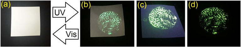 Photochromism of Stamp-5 displaying colorimetric exchange from off-white beneath daylight (a) to weak green color beneath ultraviolet supply (b; 254 nm), strong green color beneath ultraviolet supply (c; 365 nm), and greenish-yellow for a few seconds in a dark wooden box (d).