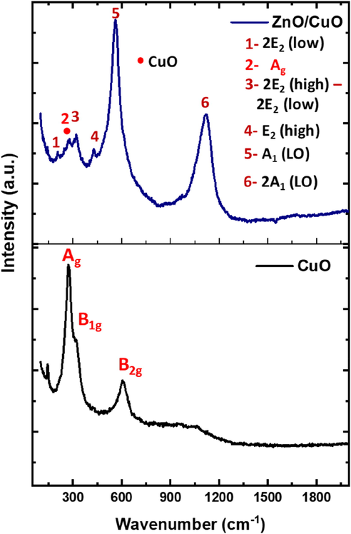 Raman spectra of CuO and ZnO/CuO nanocomposite fabricated by pulsed laser ablation technique.